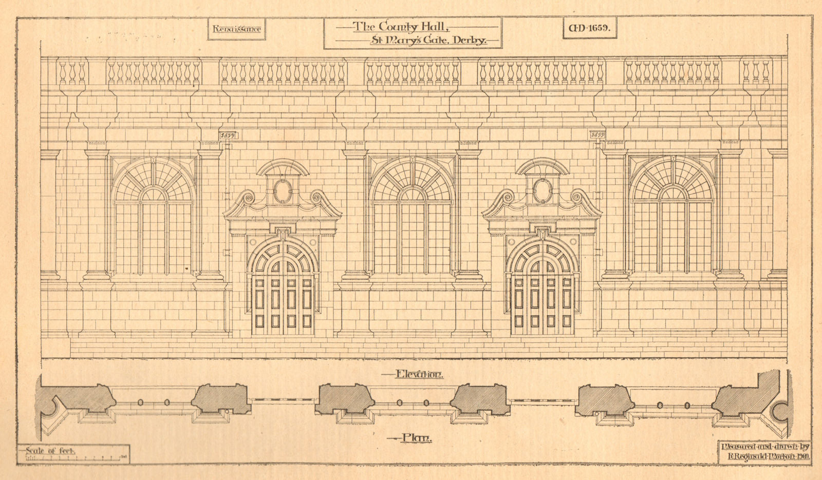 County Hall, St. Marys Gate, Derby, by R. Reginald Morton. Elevation & plan 1901